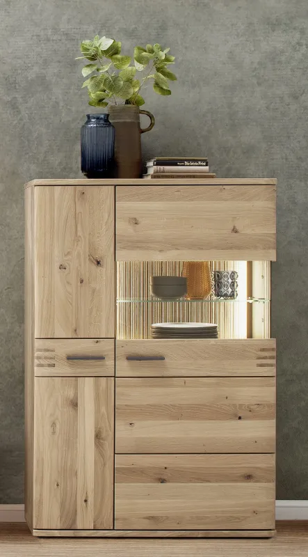 Highboard Salvador klein | Balkeneiche Bianco | mit 2er Set LED Beleuchtung 30 cm