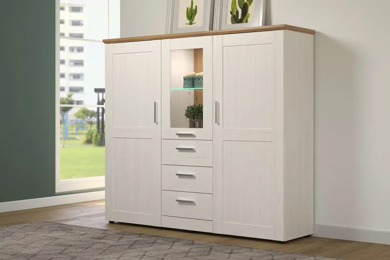 Highboard Shade | Andersen Pinie weiß / Artisan Eiche | Landhausstil | LED Beleuchtung