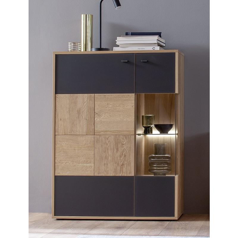 Highboard Valencia | Balkeneiche Bianco / Glas anthrazit | LED Beleuchtung