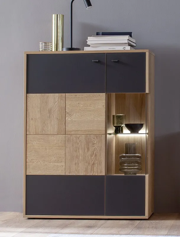 Highboard Valencia | Balkeneiche Bianco / Glas anthrazit | ohne Beleuchtung