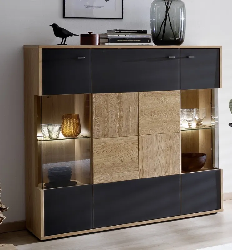 Highboard Valencia groß | Balkeneiche Bianco / Glas anthrazit | mit 2er Set LED Rückwandbeleuchtung