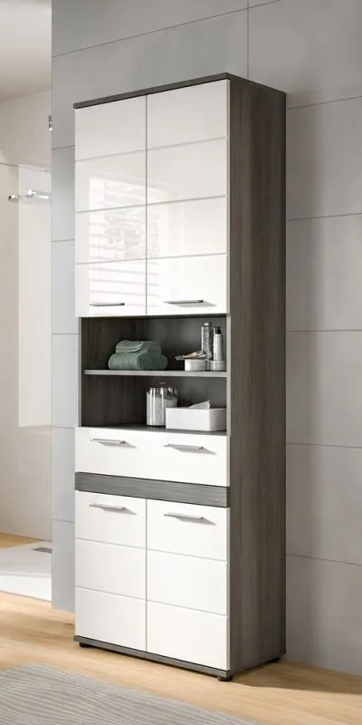 Hochschrank Badschrank Blake | weiß Hochglanz / Rauchsilber