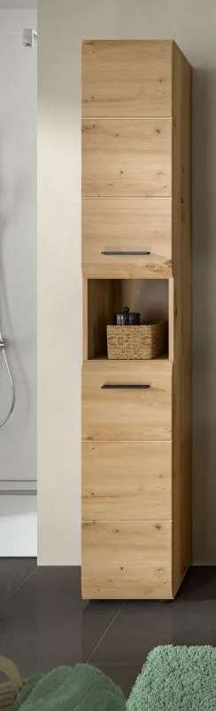 Hochschrank Ice, Artisan Eiche Dekor, Schmaler Hochschrank mit 2 Schubkästen, offenes Fach in der Mitte, Metallgriffe