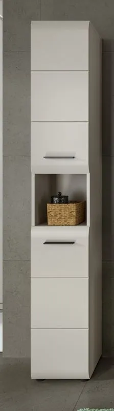 Hochschrank Ice, Kaschmir matt, Schmales Hochregal mit offener Nische, Schubkästen und Griffen