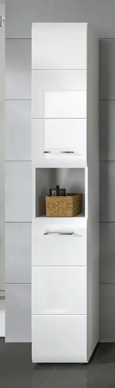 Hochschrank Ice, weiß Hochglanz, Schmaler Hochschrank mit Türen, offenen Fächern und Schubkästen, Metallgriffe