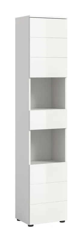 Hochschrank Vira, weiß Hochglanz, Seitenansicht mit 2 offenen Fächern, Schubladen und Türen