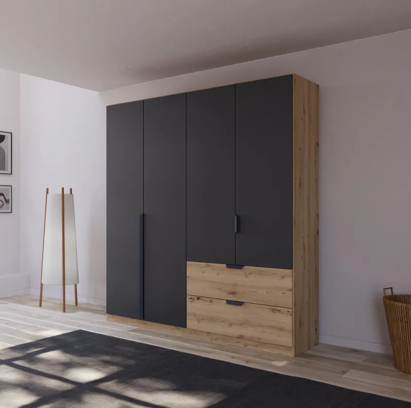 Kleiderschrank Drehtürenschrank Dark&Wood | 4-türig | mit Schubkästen | grau metallic / Eiche Artisan | 181x210