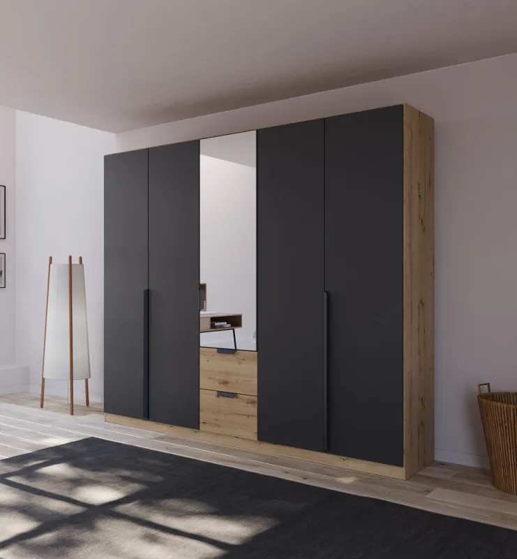 Kleiderschrank Drehtürenschrank Dark&Wood | 5-türig | mit Spiegeltüren & Schubkästen | grau metallic / Eiche Artisan | 226x210