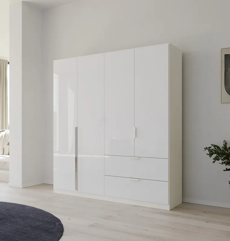 Kleiderschrank Drehtürenschrank Glamour | 4-türig | mit Schubkästen | weiß Hochglanz / alpinweiß | 181x210