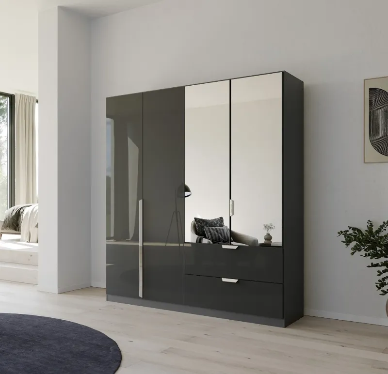 Kleiderschrank Drehtürenschrank Glamour | 4-türig | mit Spiegeltüren & Schubkästen | effektgrau Hochglanz / grau metallic | 181x210x54