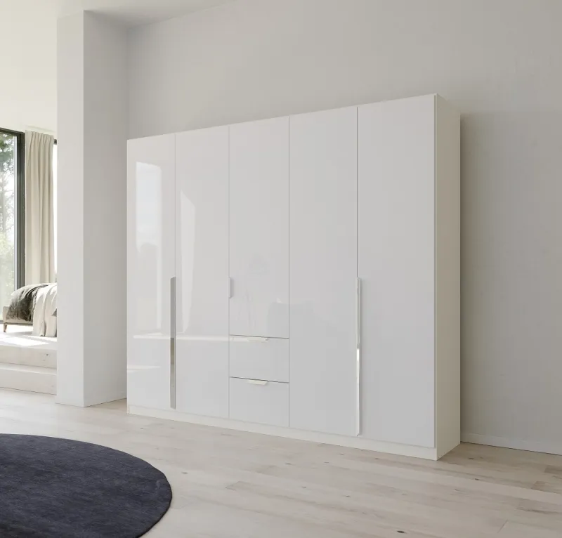 Kleiderschrank Drehtürenschrank Glamour | 5-türig | mit Schubkästen | weiß Hochglanz / alpinweiß | 226x210