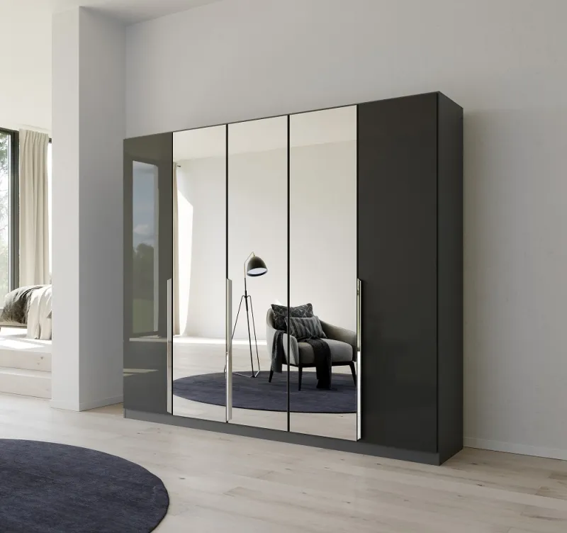 Kleiderschrank Drehtürenschrank Glamour | 5-türig | mit Spiegeltüren | effektgrau Hochglanz / grau metallic | 226x210