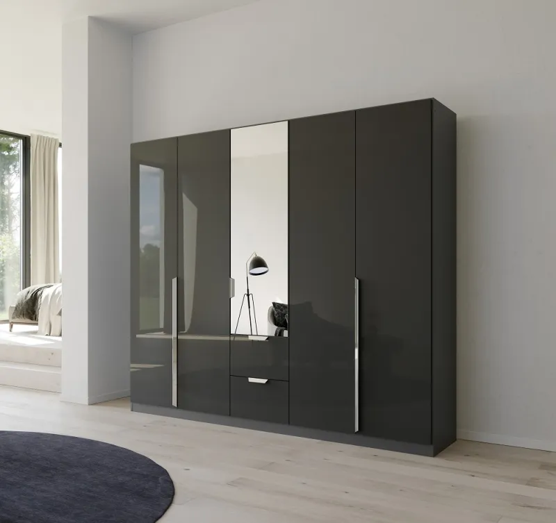 Kleiderschrank Drehtürenschrank Glamour | 5-türig | mit Spiegeltüren & Schubkästen | effektgrau Hochglanz / grau metallic | 226x210
