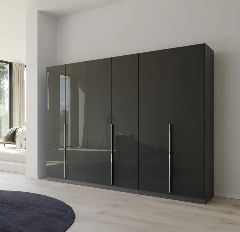 Kleiderschrank Drehtürenschrank Glamour | 6-türig | effektgrau Hochglanz / grau metallic 271x210