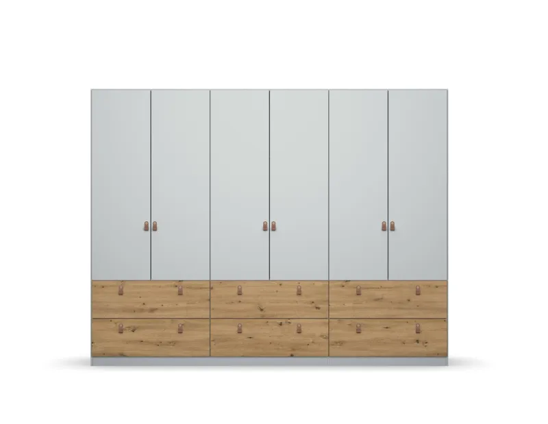 Kleiderschrank Drehtürenschrank Homey | 6-türig | mit Schubkästen | seidengrau / Eiche Artisan | 271x210