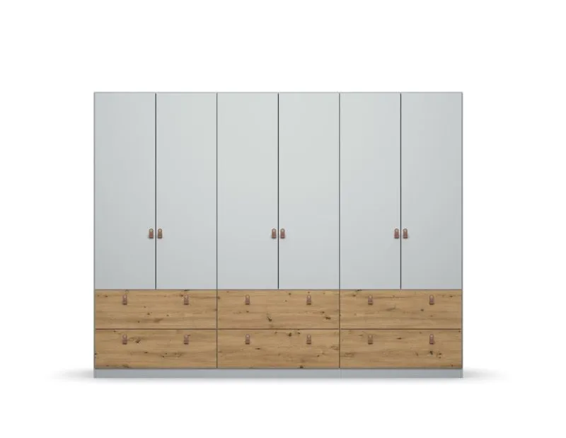 Kleiderschrank Drehtürenschrank Homey | 6-türig | mit Schubkästen | seidengrau / Eiche Artisan | 271x210