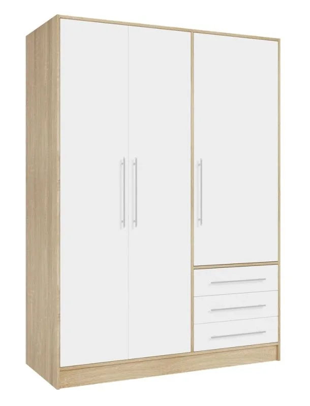 Kleiderschrank Drehtürenschrank Jupp | 3-türig | mit Schubkästen | Sonoma Eiche / weiß | 144,6 x 200 x 60 cm