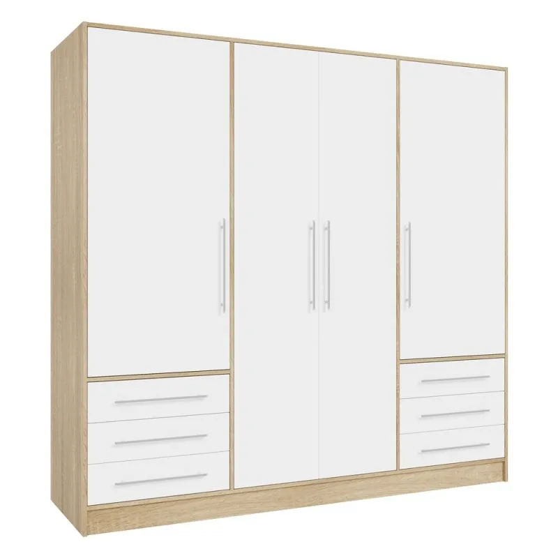 Kleiderschrank Drehtürenschrank Jupp | 4-türig | mit Schubkästen | Sonoma Eiche / weiß | 206,5 x 200 x 60 cm
