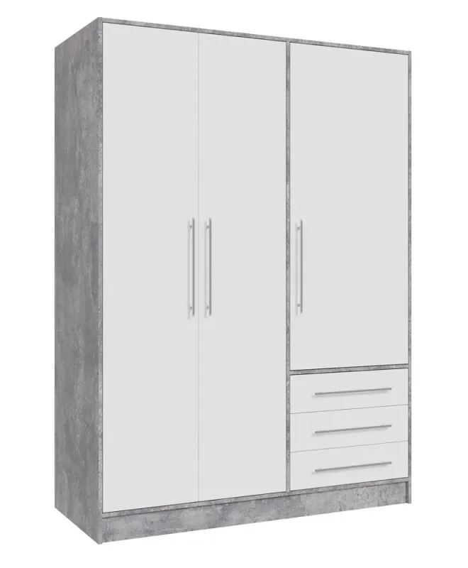 Kleiderschrank Drehtürenschrank Jupp | mit Schubkästen | Betonoptik Lichtgrau / weiß | 144,6 x 200 x 60 cm Sanduhrgriff
