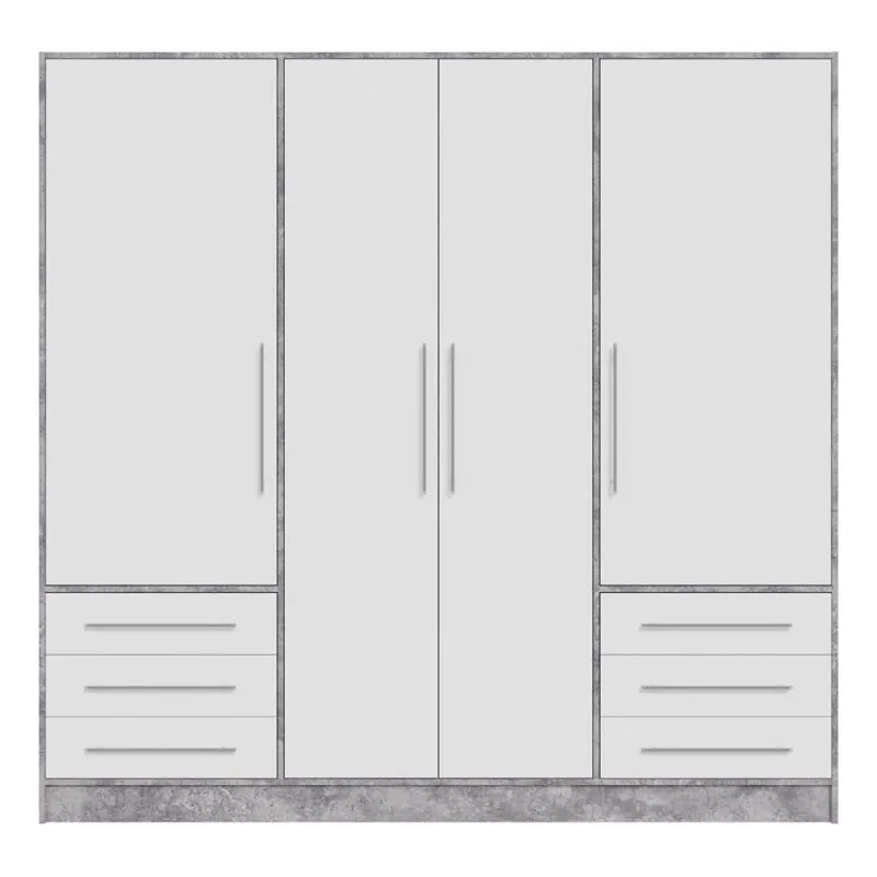 Kleiderschrank Drehtürenschrank Jupp | mit Schubkästen | Betonoptik Lichtgrau / weiß | 206,5 x 200 x 60 cm Sanduhrgriff