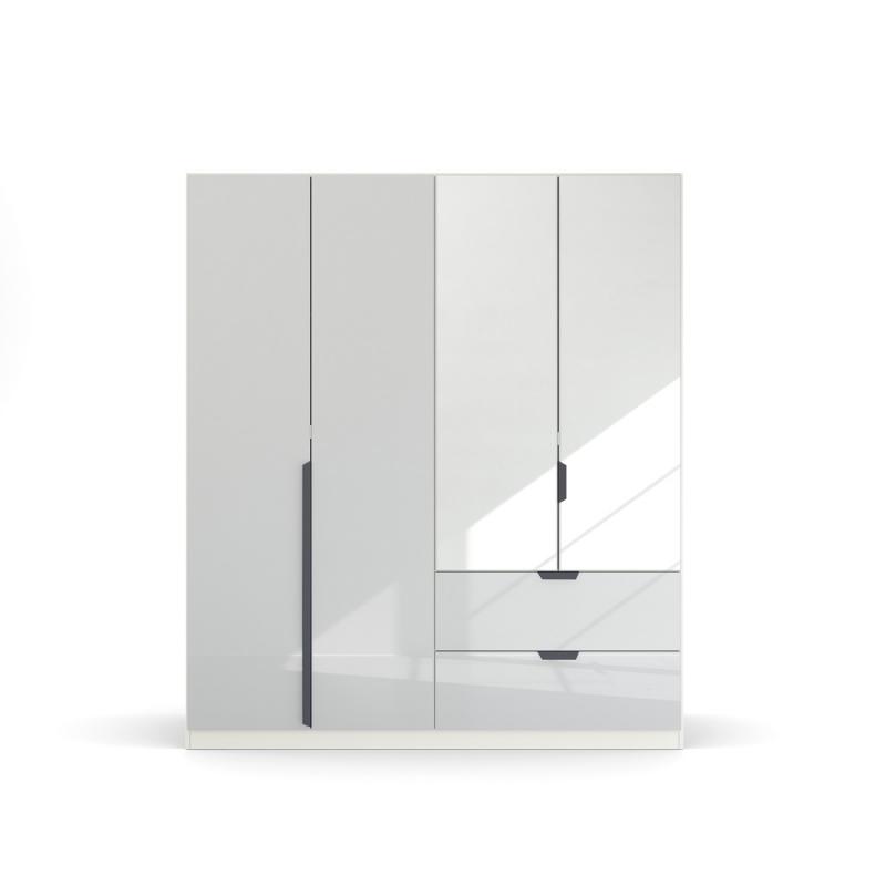 Kleiderschrank Drehtürschrank Modern | mit Spiegeltüren & Schubkästen |  glasweiß / alpinweiß | verschiedene Größen