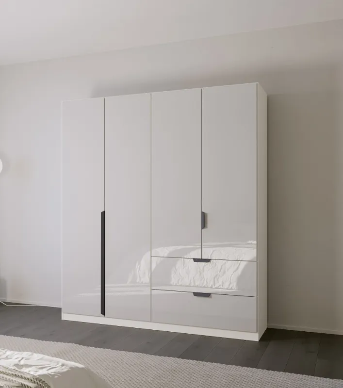 Kleiderschrank Drehtürenschrank Modern | 4-türig | mit Schubkästen | glasweiß / alpinweiß | 181x210
