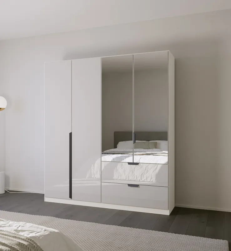 Kleiderschrank Drehtürenschrank Modern | 4-türig | mit Spiegeltüren & Schubkästen | glasweiß / alpinweiß | 181x210