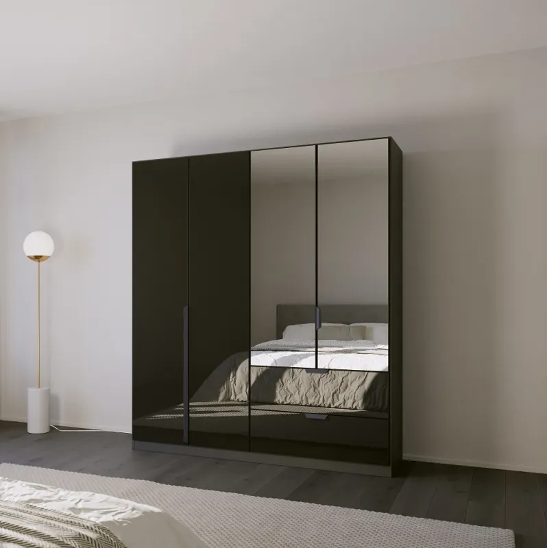 Kleiderschrank Drehtürenschrank Modern | 4-türig | mit Spiegeltüren & Schubkästen | grau metallic / Glas basalt | 181x210