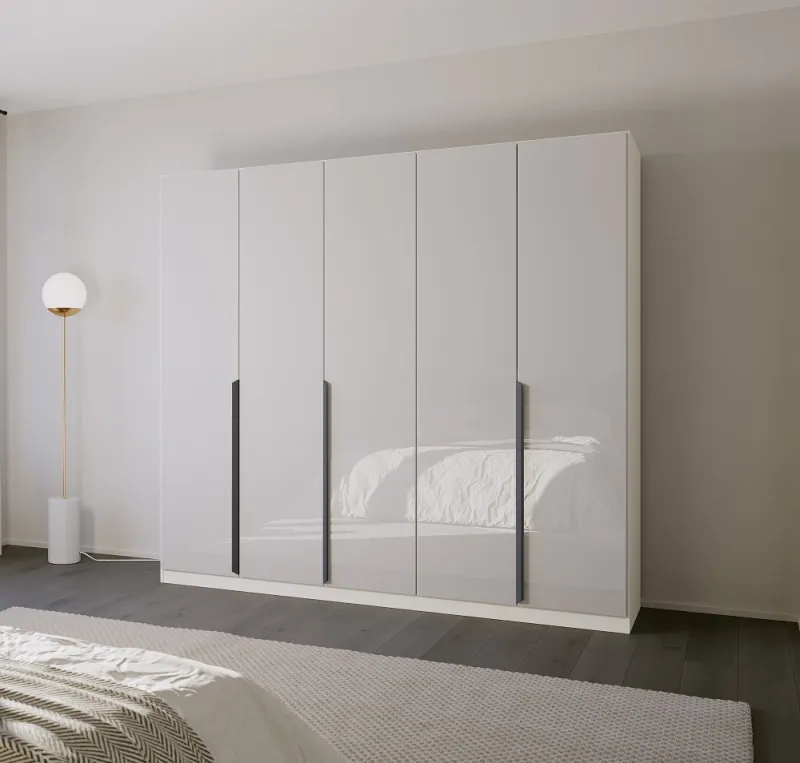 Kleiderschrank Drehtürenschrank Modern | 5-türig | glasweiß / alpinweiß | 226x210