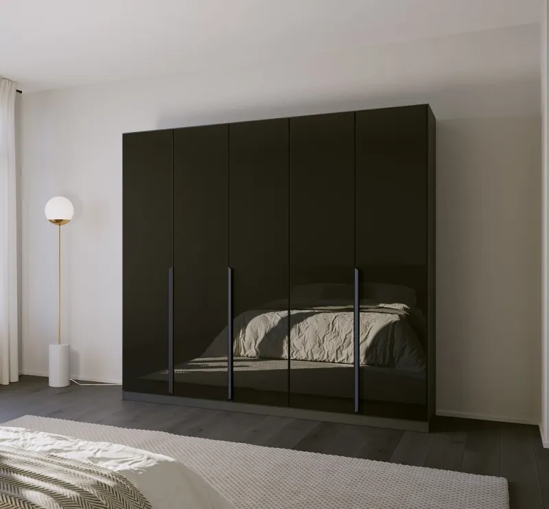 Kleiderschrank Drehtürenschrank Modern | 5-türig | grau metallic / Glas basalt | 226x210
