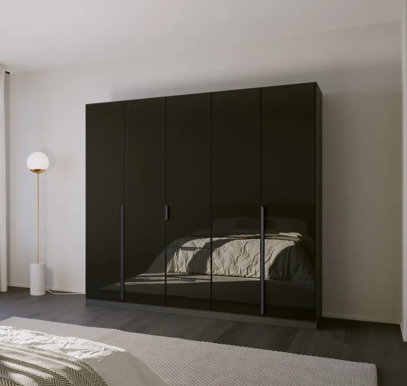 Kleiderschrank Drehtürenschrank Modern | 5-türig | mit Schubkästen | grau metallic / Glas basalt | 226x210
