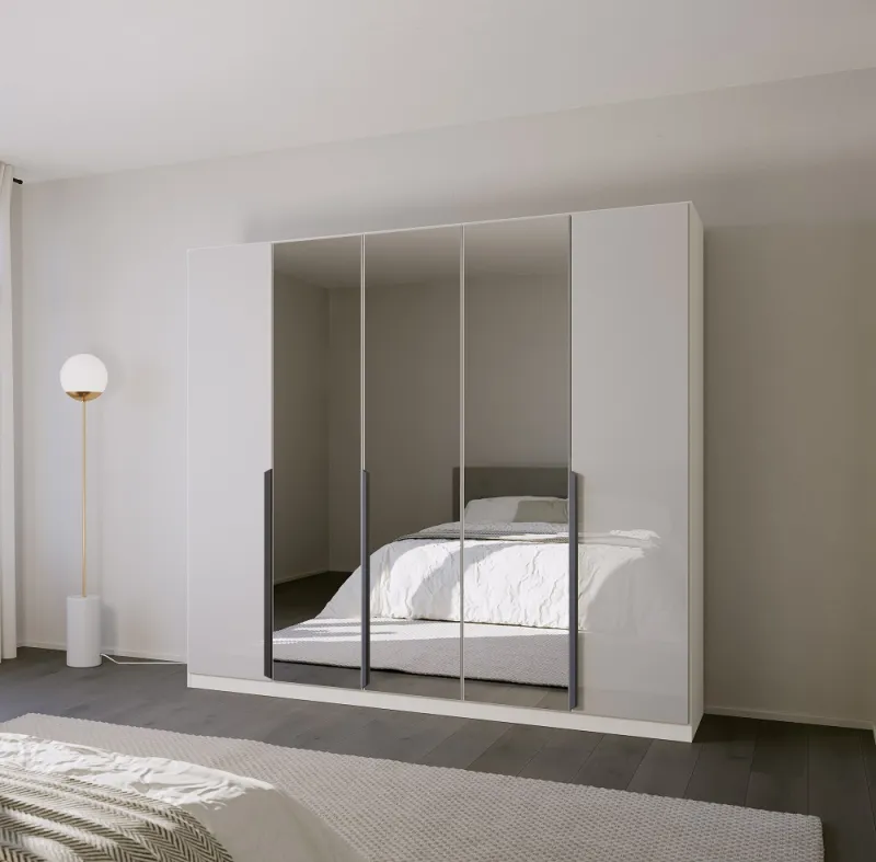 Kleiderschrank Drehtürenschrank Modern | 5-türig | mit Spiegeltüren | glasweiß / alpinweiß | 226x210