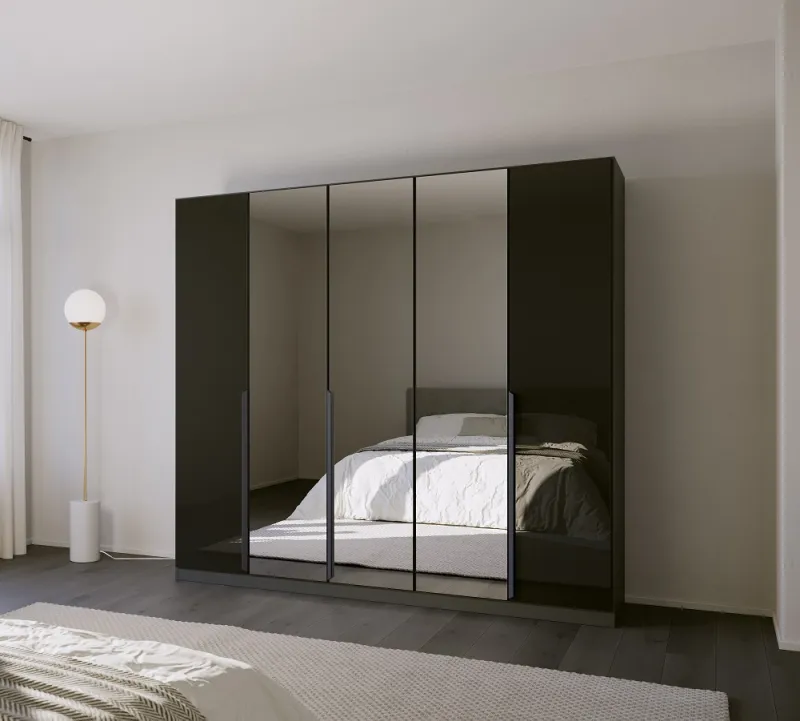 Kleiderschrank Drehtürenschrank Modern | 5-türig | mit Spiegeltüren | grau metallic / Glas basalt | 226x210