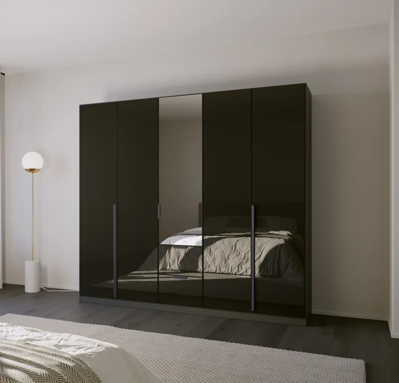 Kleiderschrank Drehtürenschrank Modern | 5-türig | mit Spiegeltüren & Schubkästen | grau metallic / Glas basalt | 226x210