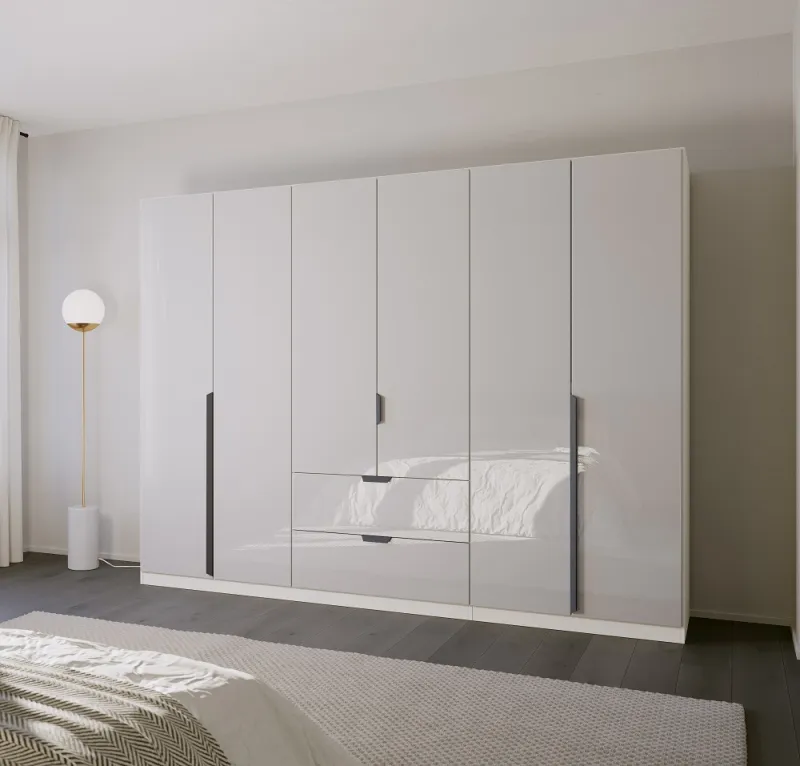 Kleiderschrank Drehtürenschrank Modern | 6-türig | mit Schubkästen | glasweiß / alpinweiß | 271x210