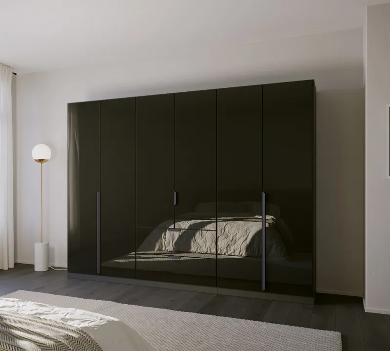 Kleiderschrank Drehtürenschrank Modern | 6-türig | mit Schubkästen | grau metallic / Glas basalt | 271x210