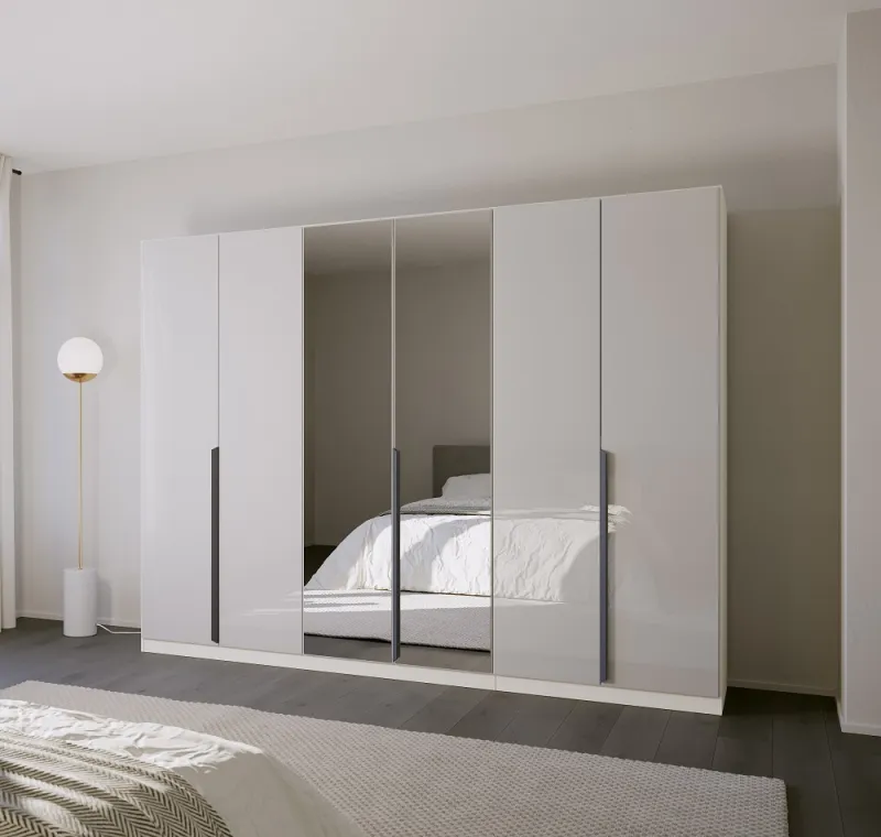 Kleiderschrank Drehtürenschrank Modern | 6-türig | mit Spiegeltüren | glasweiß / alpinweiß | 271x210