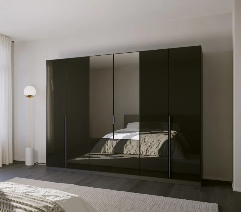 Kleiderschrank Drehtürenschrank Modern | 6-türig | mit Spiegeltüren | grau metallic / Glas basalt | 271x210