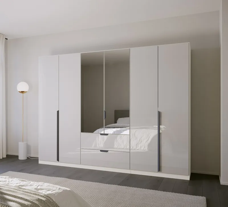 Kleiderschrank Drehtürenschrank Modern | 6-türig | mit Spiegeltüren & Schubkästen | glasweiß / alpinweiß | 271x210