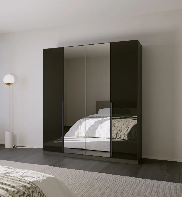 Kleiderschrank Drehtürenschrank Modern | mit Spiegeltüren | grau metallic / Glas basalt | verschiedene Größen