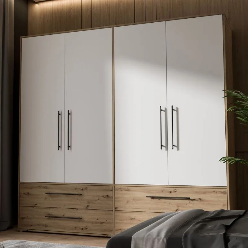 Kleiderschrank Drehtürenschrank Mokko | 4-türig | mit Schubkästen | Artisan Eiche / weiß