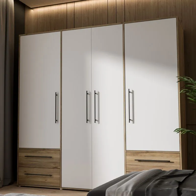 Kleiderschrank Drehtürenschrank Mokko | 4-türig | mit Schubkästen | Mauvella Eiche / weiß