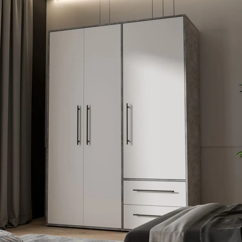 Kleiderschrank Drehtürenschrank Mokko | mit Schubkästen | Betonoptik Lichtgrau / weiß | 144,4 x 200 x 59 cm