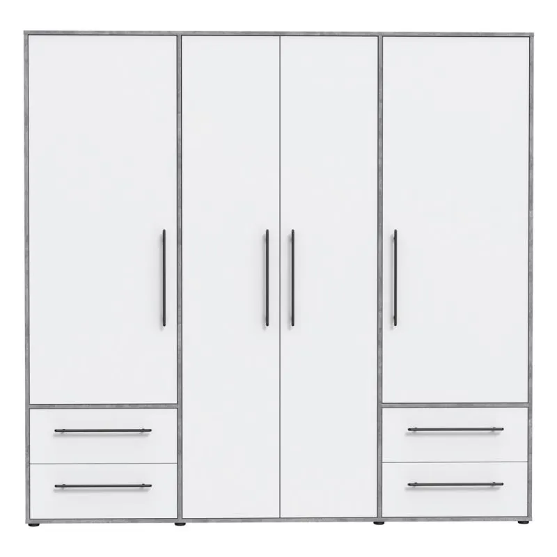 Kleiderschrank Drehtürenschrank Mokko | mit Schubkästen | Betonoptik Lichtgrau / weiß | 206 x 200 x 59 cm