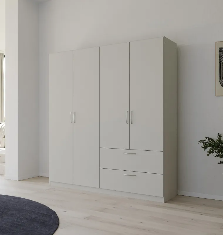 Kleiderschrank Drehtürenschrank Quadra-Spin | 4-türig | mit Schubkästen | seidengrau | 181x210 | Griff Pure