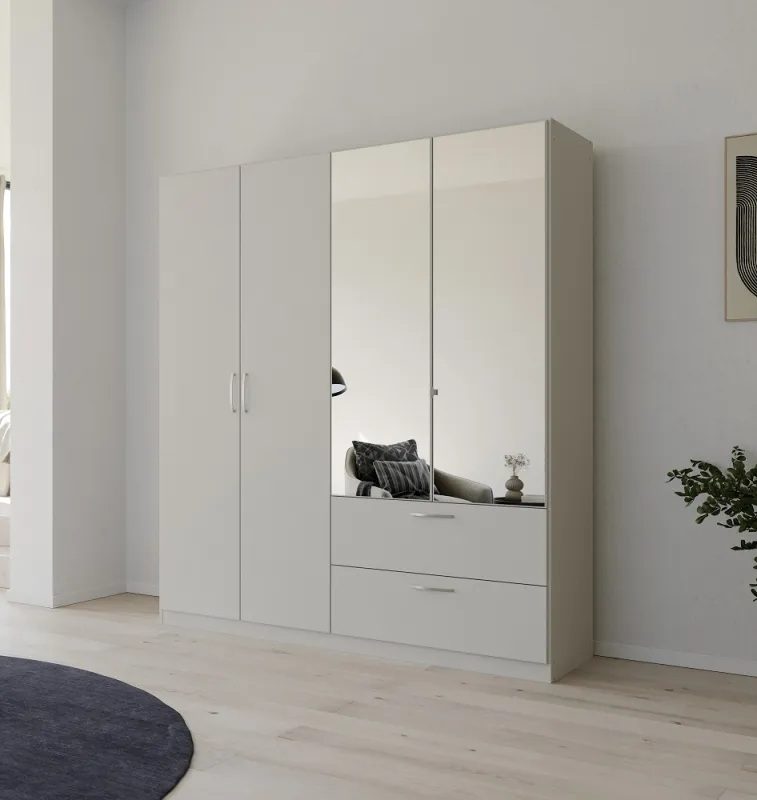 Kleiderschrank Drehtürenschrank Quadra-Spin | 4-türig | mit Spiegelt[ren & Schubkästen | seidengrau | 181x210 | Griff Pure