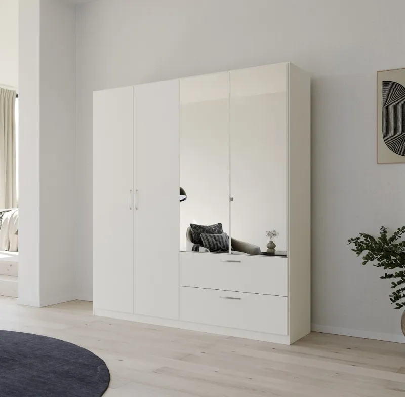 Kleiderschrank Drehtürenschrank Quadra-Spin | 4-türig | mit Spiegeltüren & Schubkästen | alpinweiß | 181x210 | Griff Pure