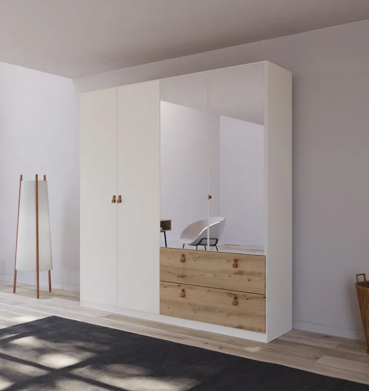 Kleiderschrank Drehtürenschrank Quadra-Spin | 4-türig | mit Spiegeltüren & Schubkästen | alpinweiß / Eiche Artisan | 181x210 | Griff Homey
