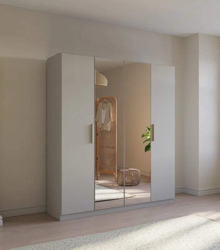 Kleiderschrank Drehtürenschrank Quadra-Spin | 4-türig | mit Spiegeltüren | seidengrau | 181x210 | Griff Skandi