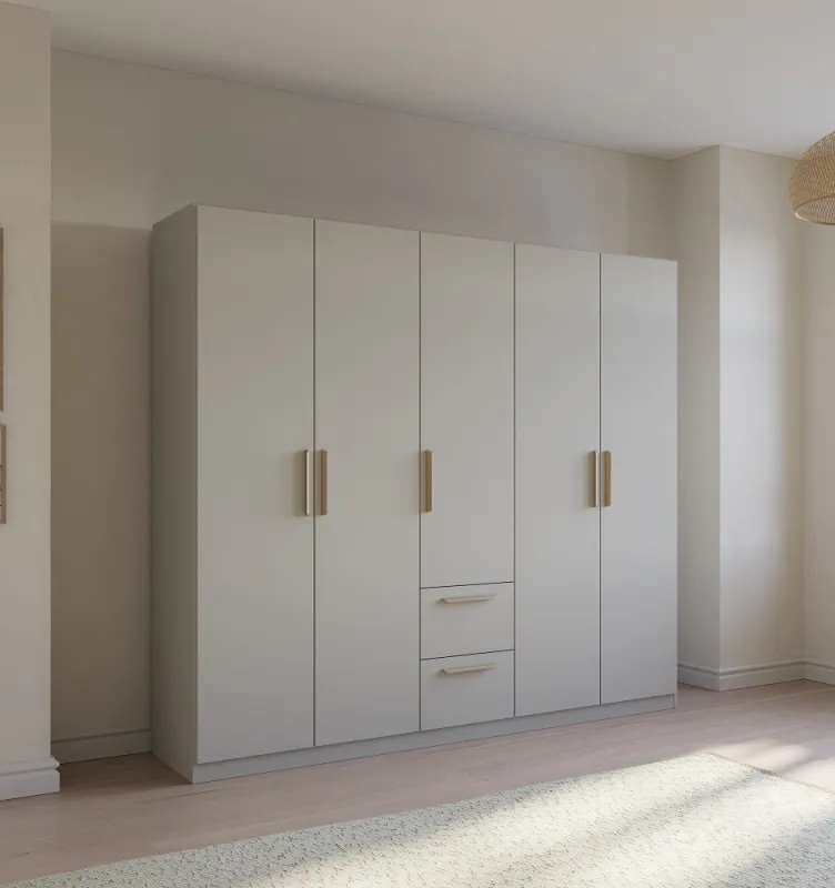 Kleiderschrank Drehtürenschrank Quadra-Spin | 5-türig | mit Schubkästen | seidengrau | 226x210 | Griff Skandi